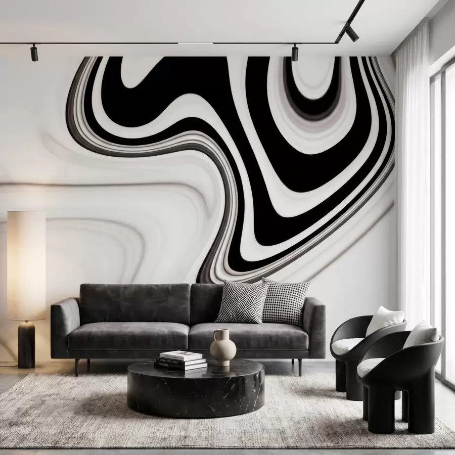 Fototapete Abstrakte Wandtapete mit fließenden schwarz-weißen Wellen im modernen, minimalistischen Stil w09877