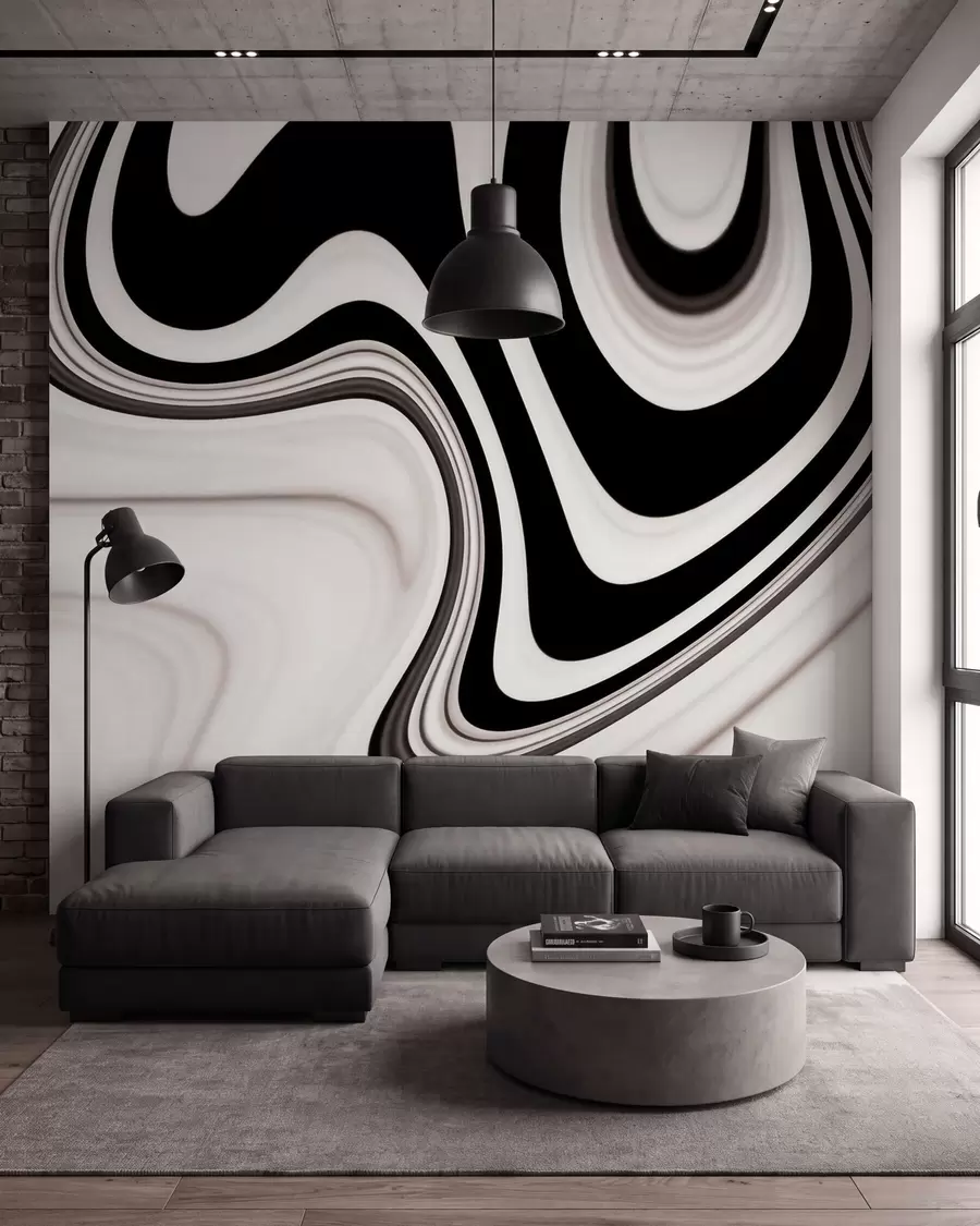 Fototapete Abstrakte Wandtapete mit fließenden schwarz-weißen Wellen im modernen, minimalistischen Stil w09877