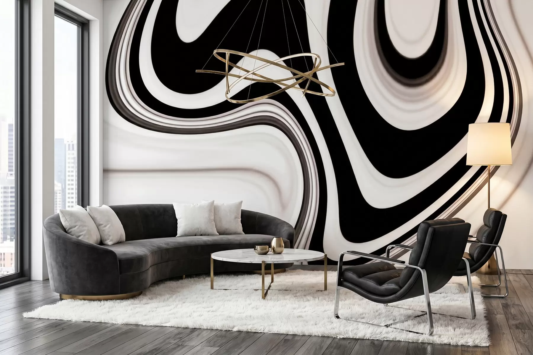 Fototapete Abstrakte Wandtapete mit fließenden schwarz-weißen Wellen im modernen, minimalistischen Stil w09877
