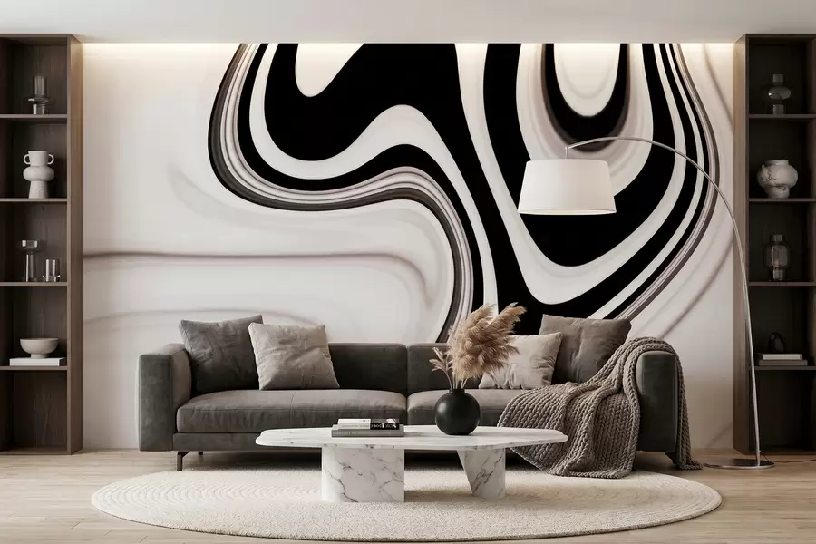 Fototapete Abstrakte Wandtapete mit fließenden schwarz-weißen Wellen im modernen, minimalistischen Stil w09877