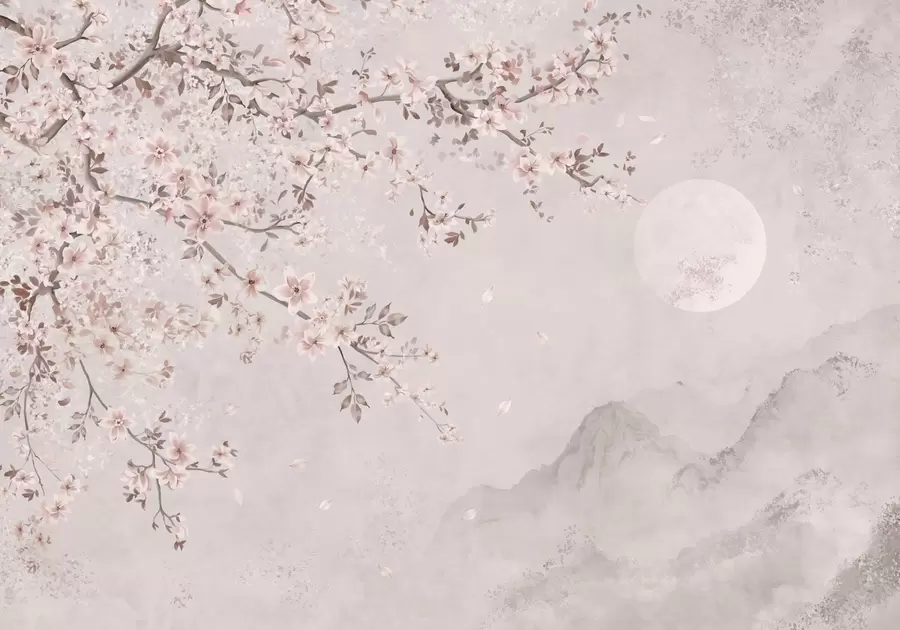 Fototapete Rosa Blüten an einem Zweig über einer sanften Berglandschaft w05695v1