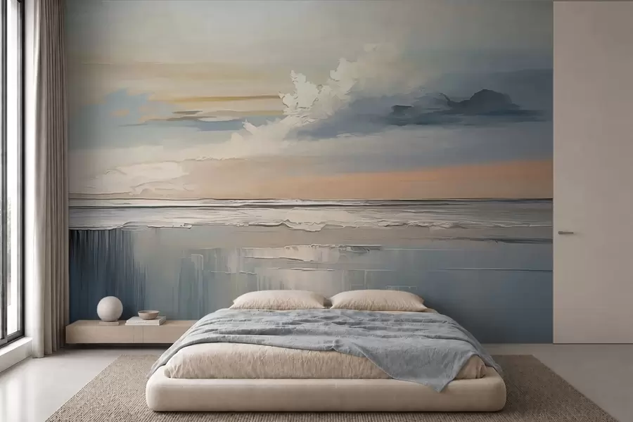 Fototapete Pastellfarbene Küste mit Wolken und Spiegelungen im Wasser w05687