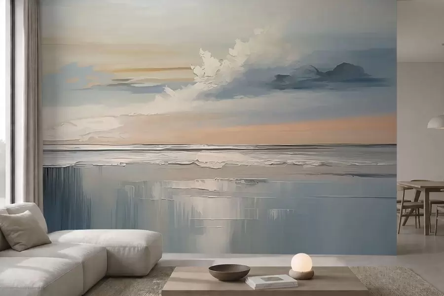 Fototapete Pastellfarbene Küste mit Wolken und Spiegelungen im Wasser w05687