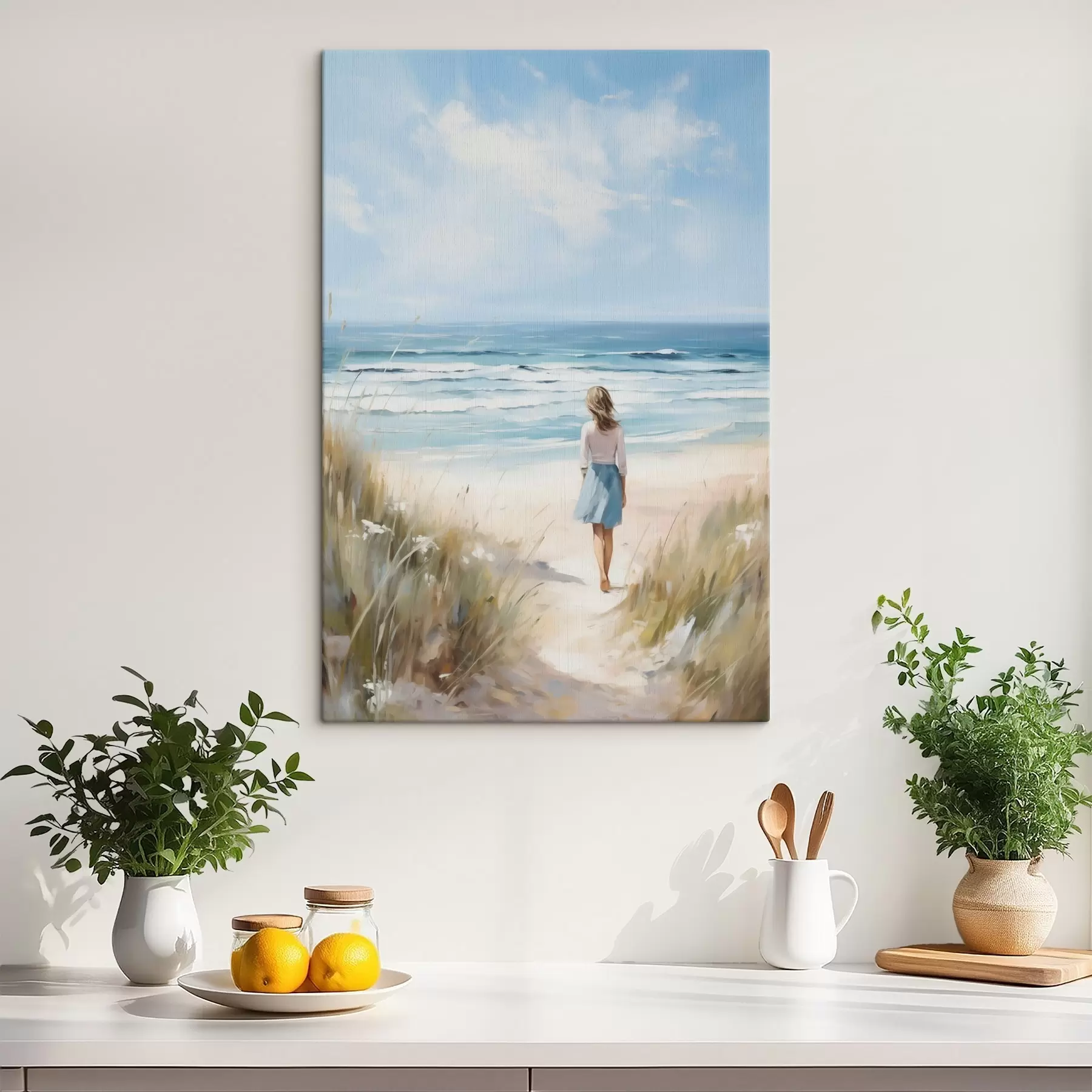 Fototapete Ein Mädchen, das auf das Meer zugeht, Nachahmung eines Gemäldes s49500