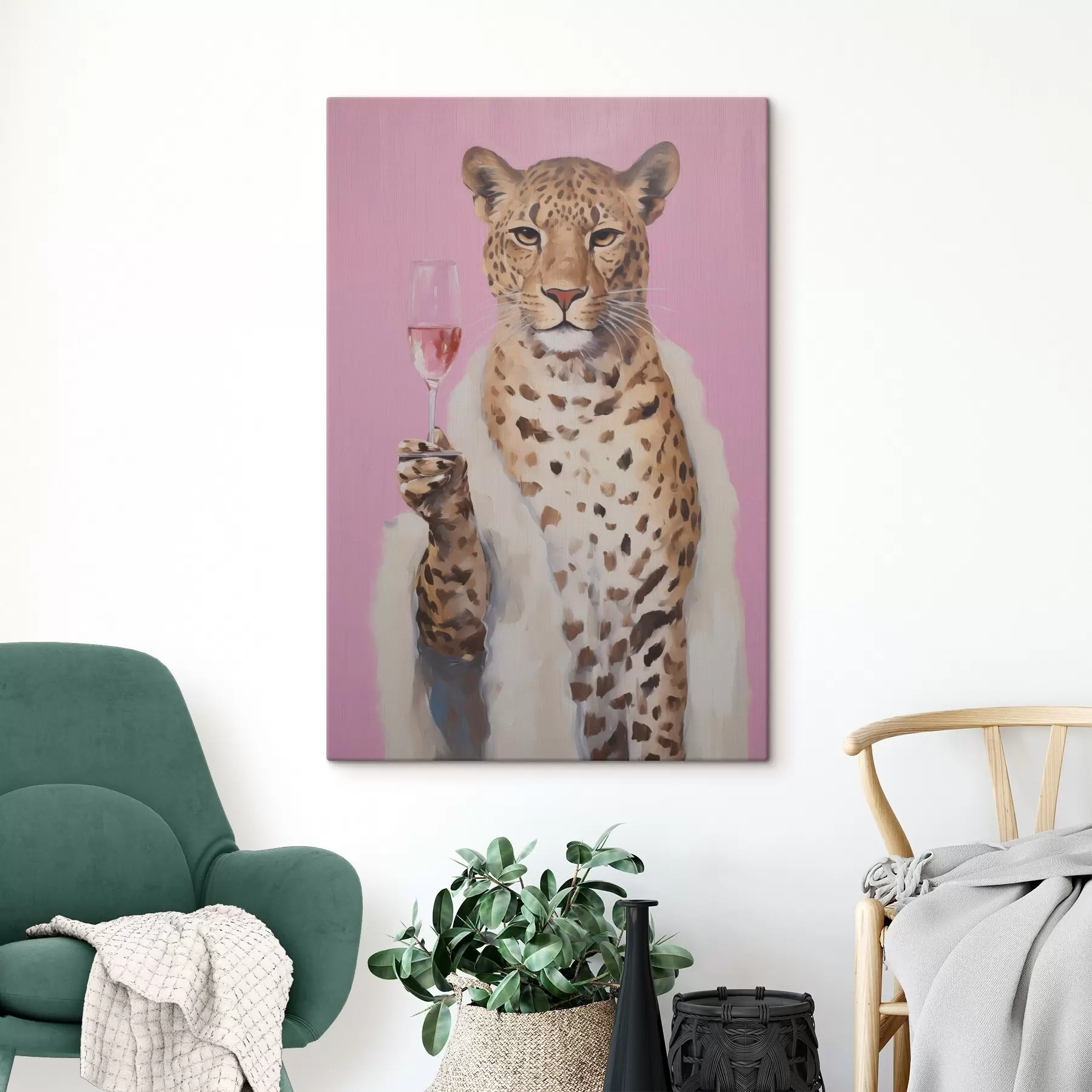 Fototapete Leopard mit einem Gemälde in Glasimitat s49510
