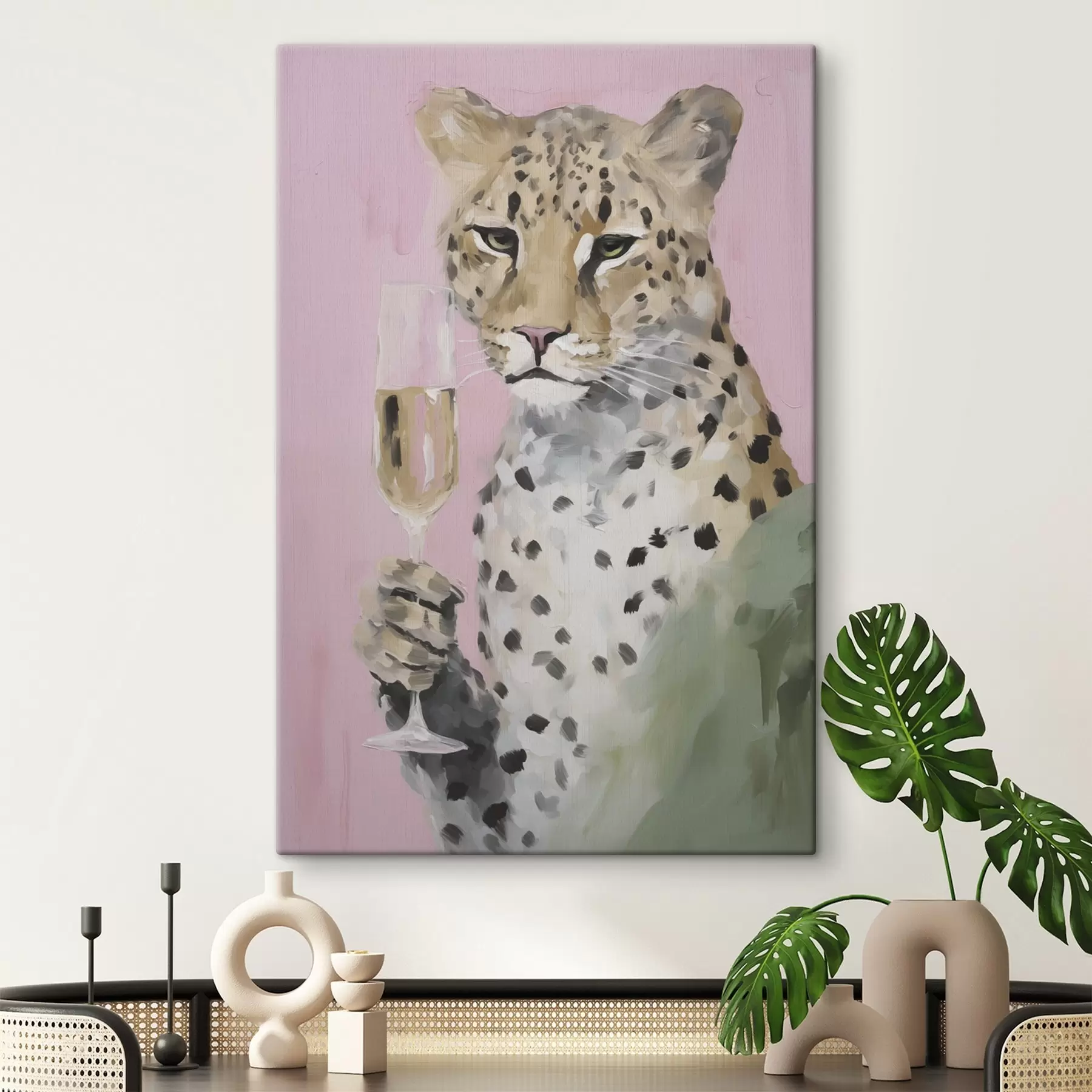 Fototapete Gemälde, das einen Leoparden mit einem Glas in der Pranke zeigt s49511