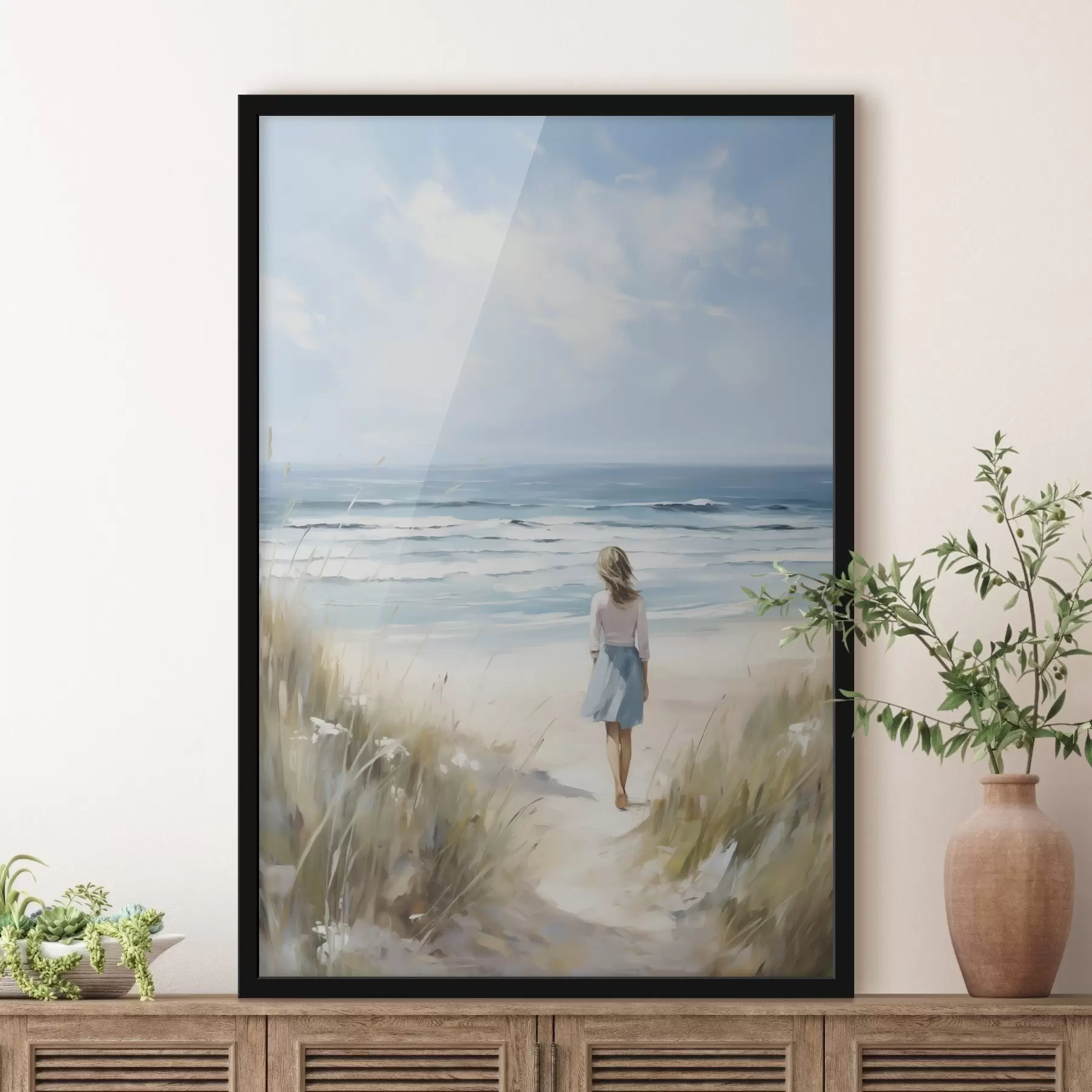 Fototapete Ein Mädchen, das auf das Meer zugeht, Nachahmung eines Gemäldes f49500