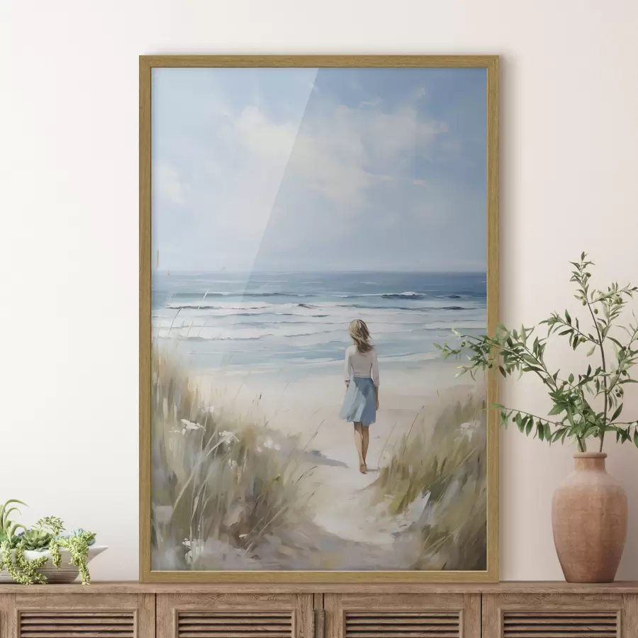 Fototapete Ein Mädchen, das auf das Meer zugeht, Nachahmung eines Gemäldes f49500