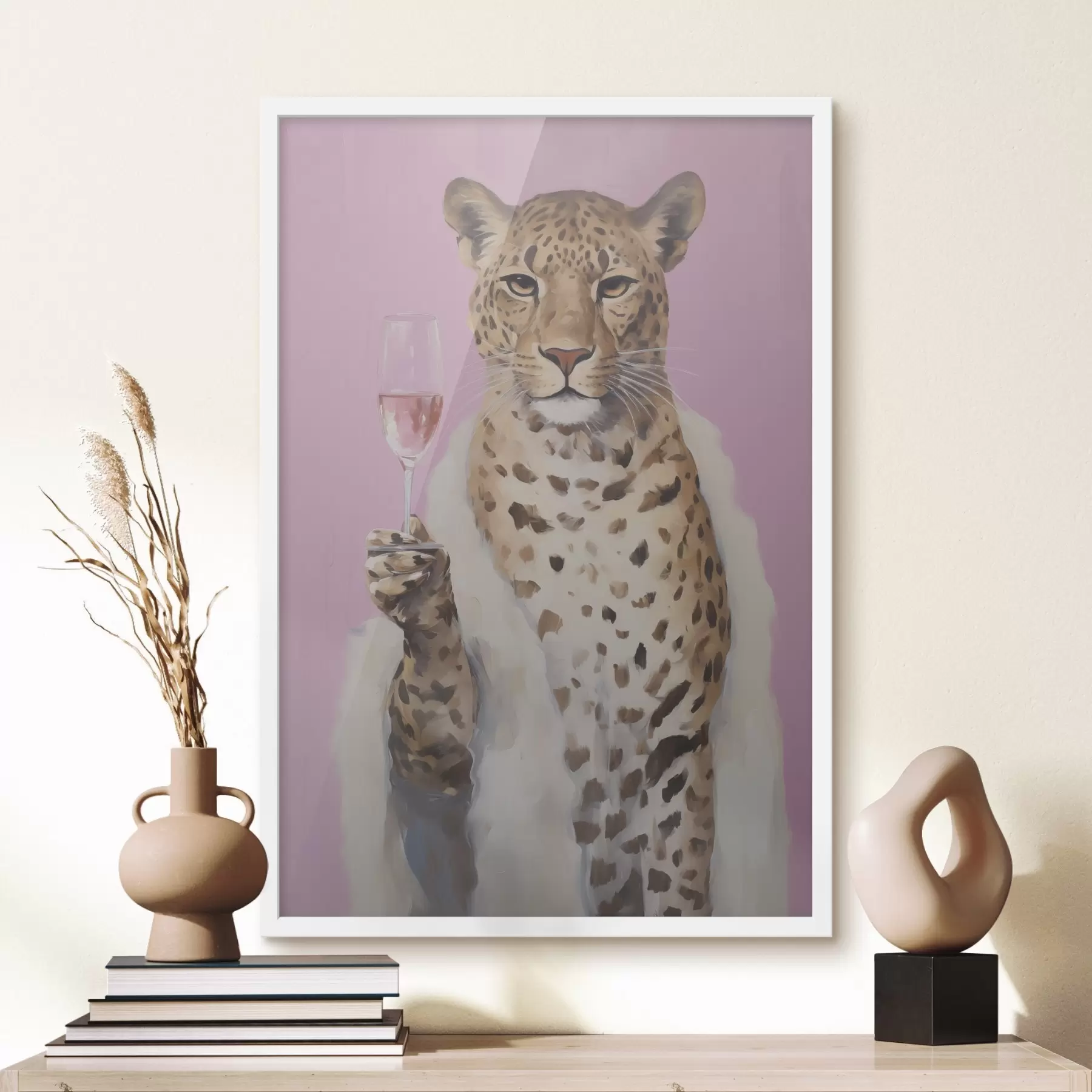 Fototapete Leopard mit einem Gemälde in Glasimitat f49510