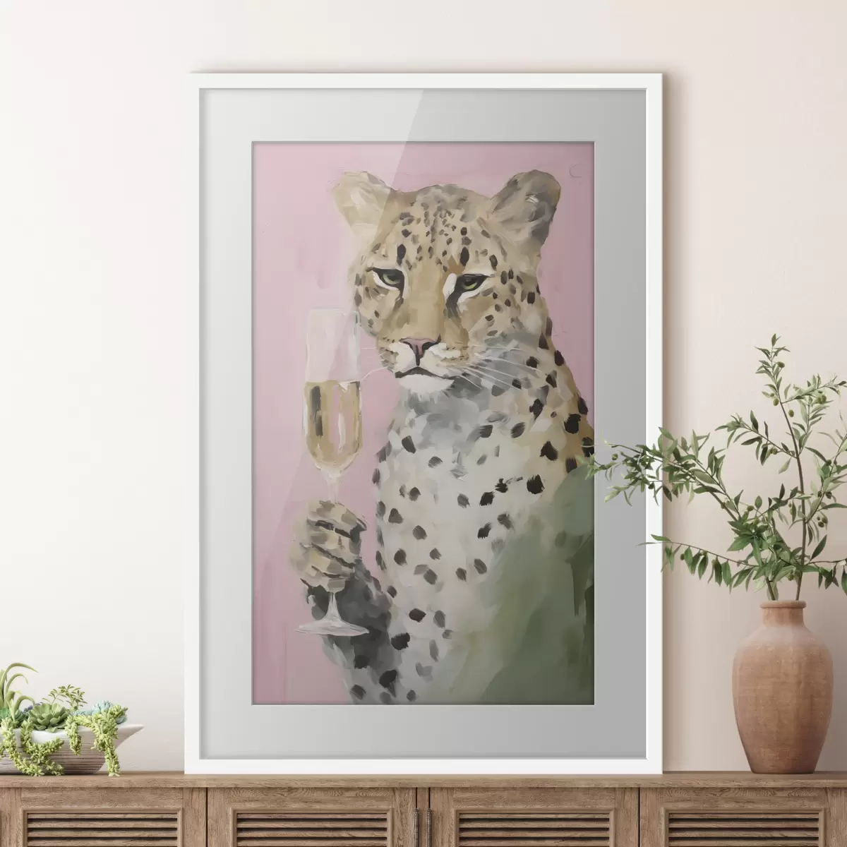 Poster Gemälde, das einen Leoparden mit einem Glas in der Pranke zeigt f49511