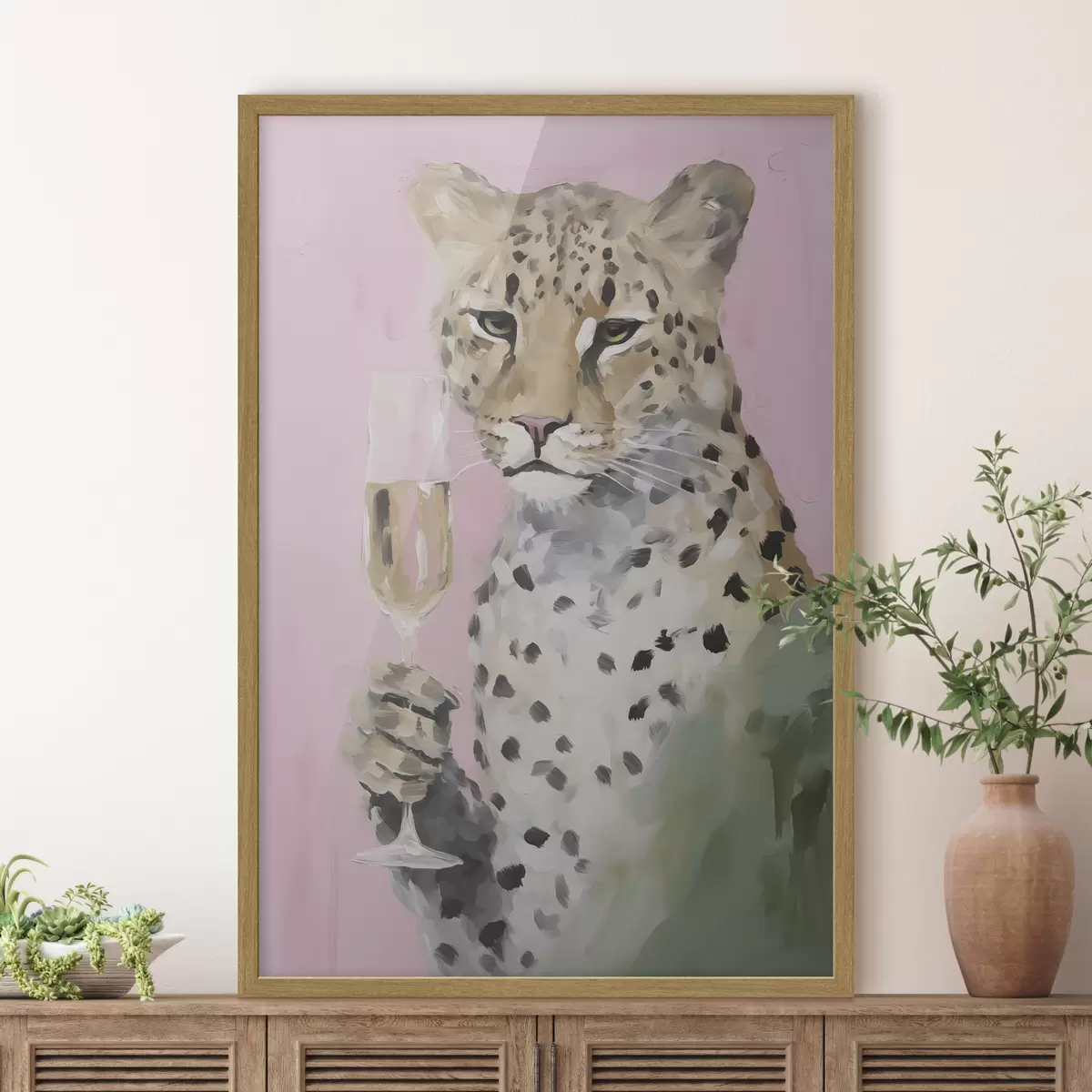 Poster Gemälde, das einen Leoparden mit einem Glas in der Pranke zeigt f49511