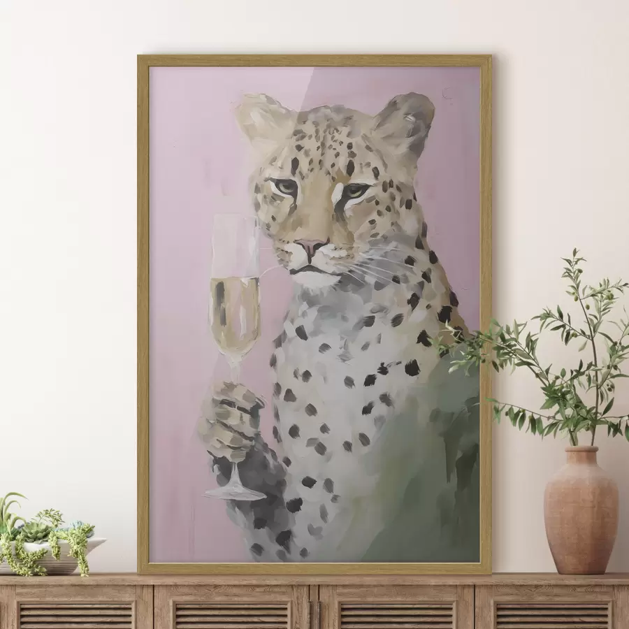 Fototapete Gemälde, das einen Leoparden mit einem Glas in der Pranke zeigt f49511