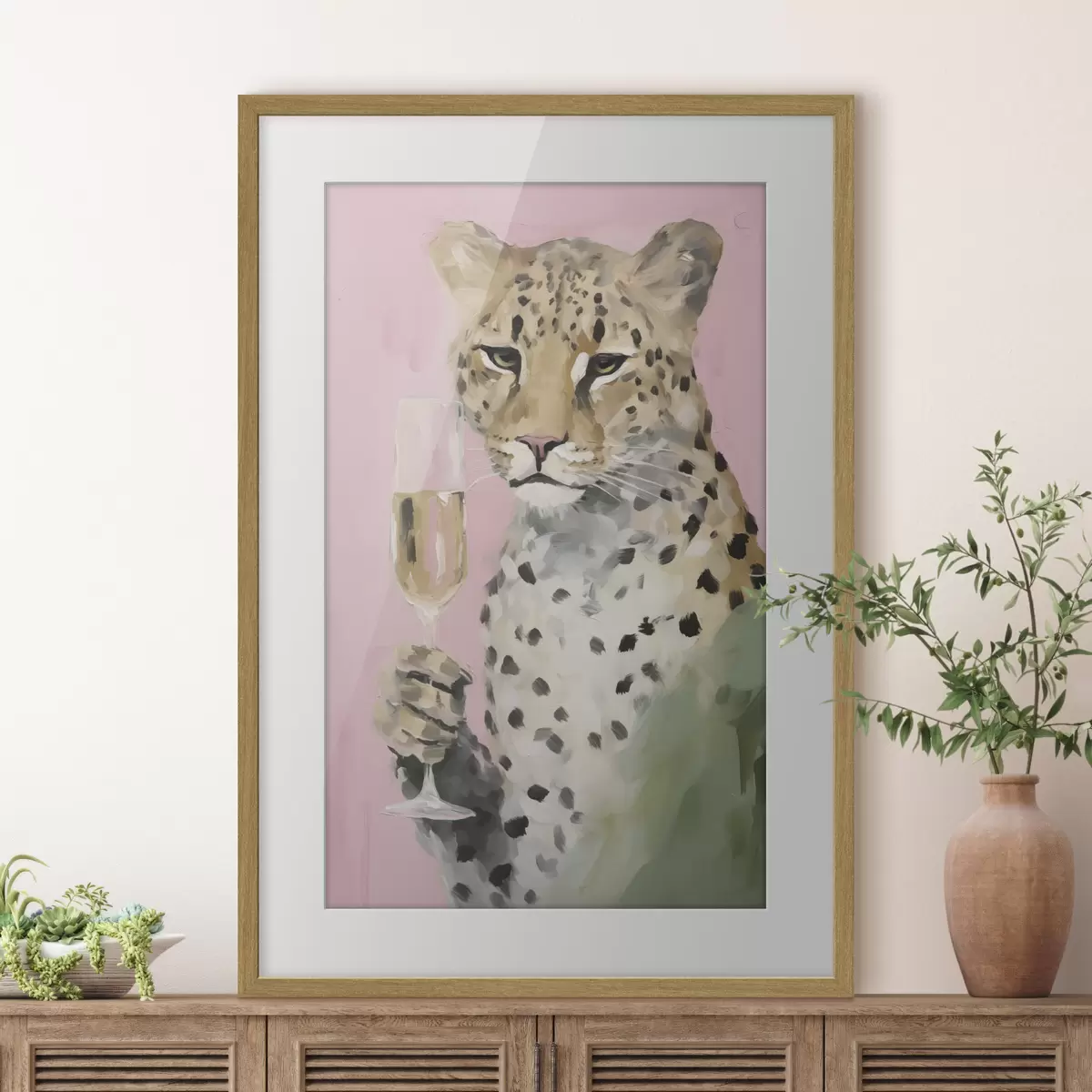 Poster Gemälde, das einen Leoparden mit einem Glas in der Pranke zeigt f49511
