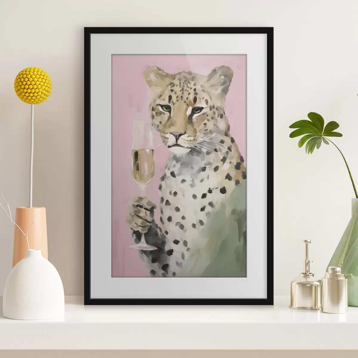 Poster Gemälde, das einen Leoparden mit einem Glas in der Pranke zeigt f49511