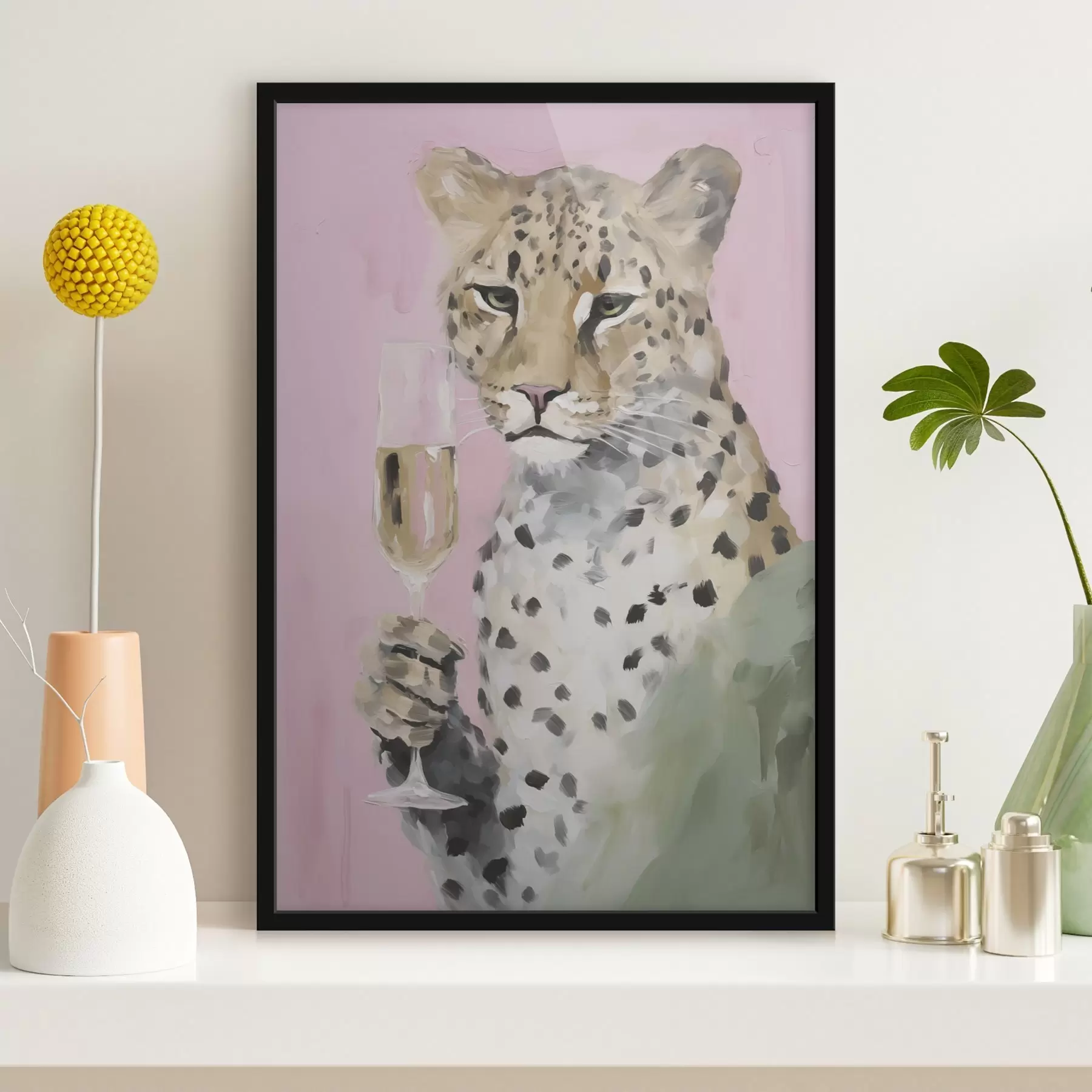 Fototapete Gemälde, das einen Leoparden mit einem Glas in der Pranke zeigt f49511