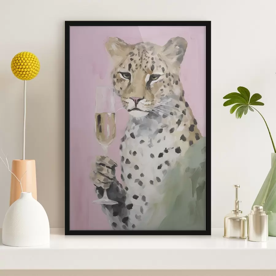 Fototapete Gemälde, das einen Leoparden mit einem Glas in der Pranke zeigt f49511