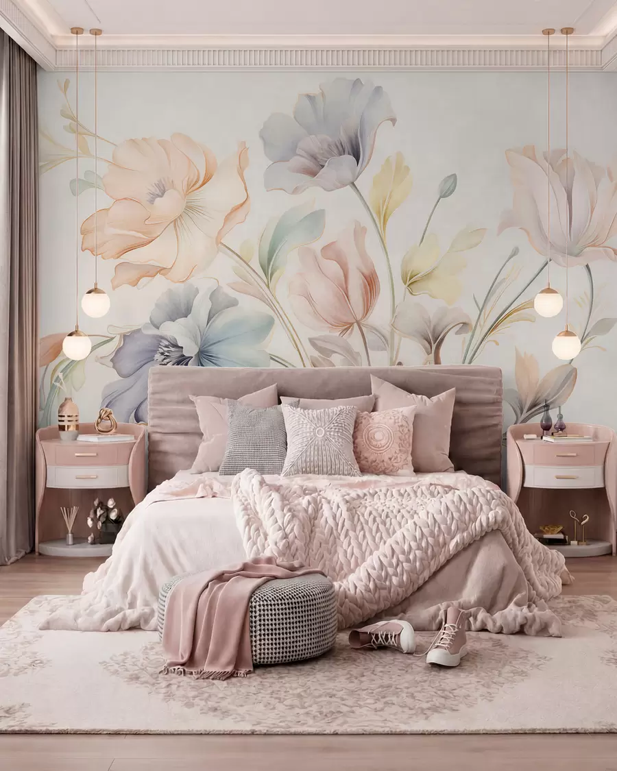 Fototapete Zarte Blumen in Pastelltönen von Rosa, Blau und Gelb mit grünen Blättern vor hellem Hintergrund w09898