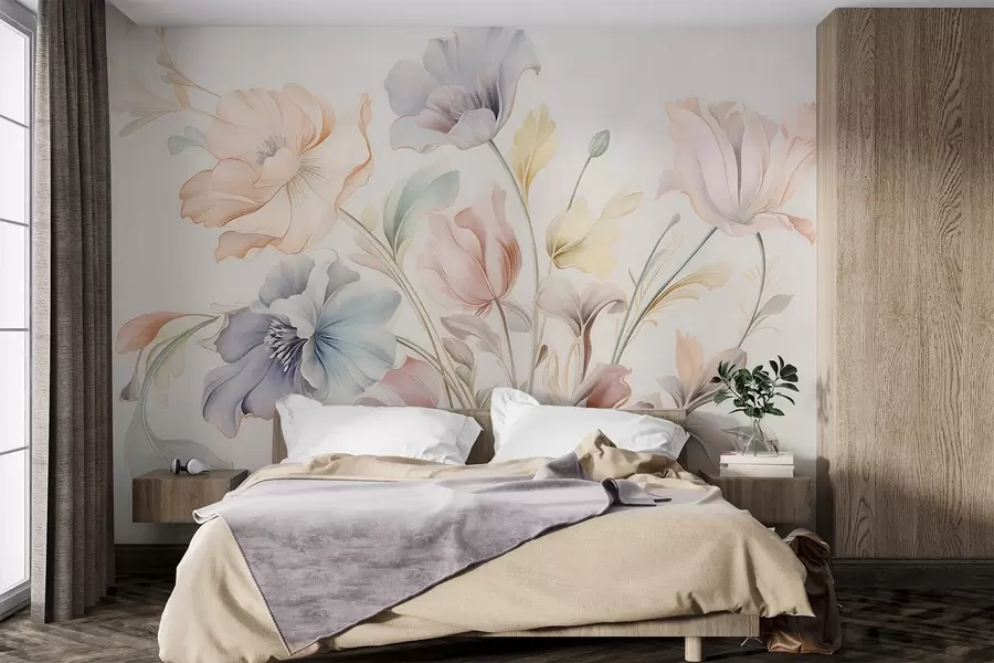 Fototapete Zarte Blumen in Pastelltönen von Rosa, Blau und Gelb mit grünen Blättern vor hellem Hintergrund w09898