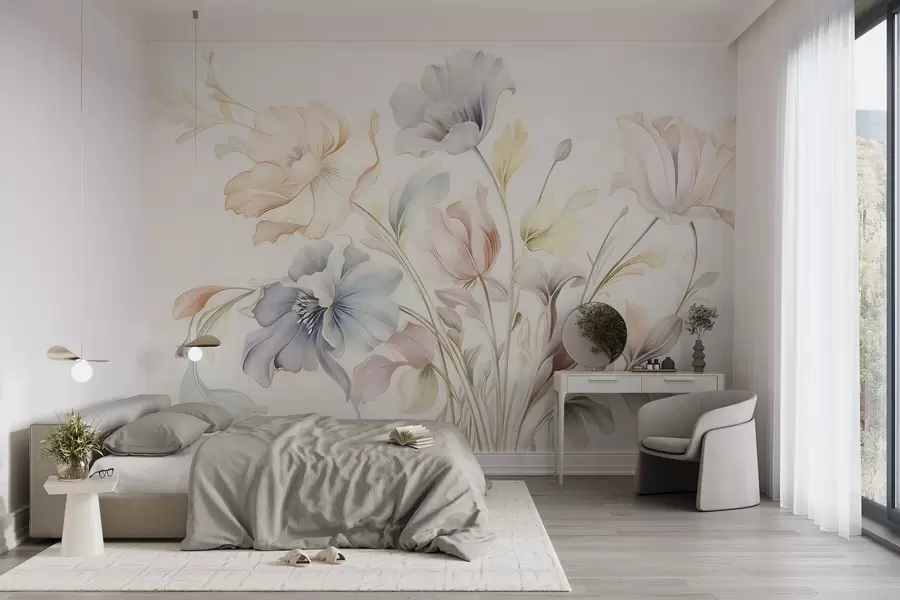 Fototapete Zarte Blumen in Pastelltönen von Rosa, Blau und Gelb mit grünen Blättern vor hellem Hintergrund w09898