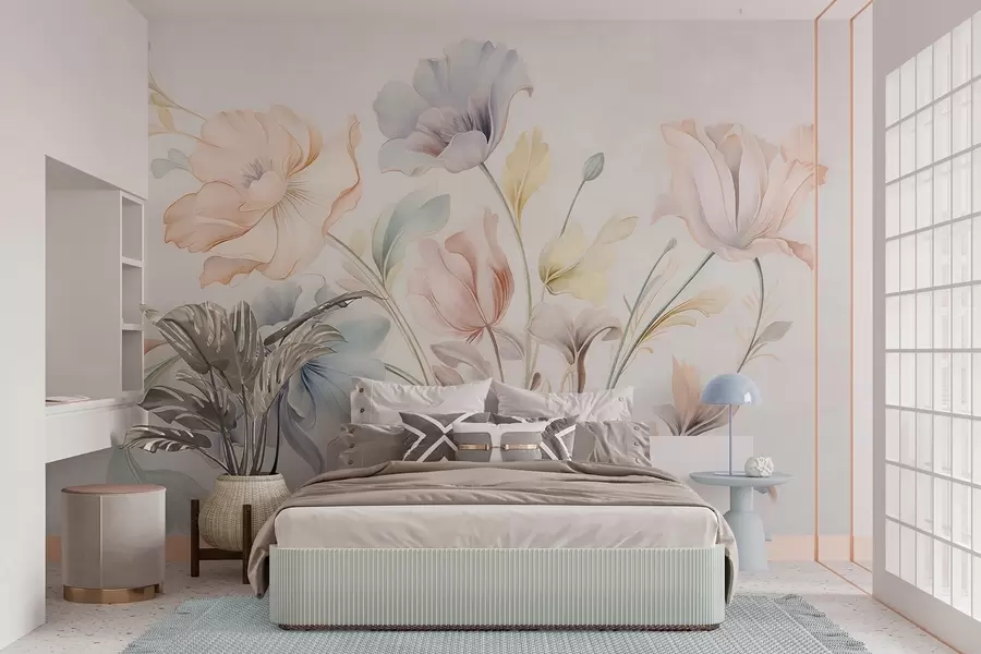 Fototapete Zarte Blumen in Pastelltönen von Rosa, Blau und Gelb mit grünen Blättern vor hellem Hintergrund w09898