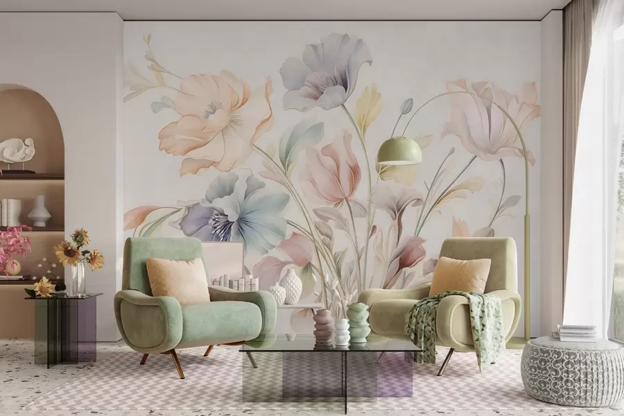 Fototapete Zarte Blumen in Pastelltönen von Rosa, Blau und Gelb mit grünen Blättern vor hellem Hintergrund w09898