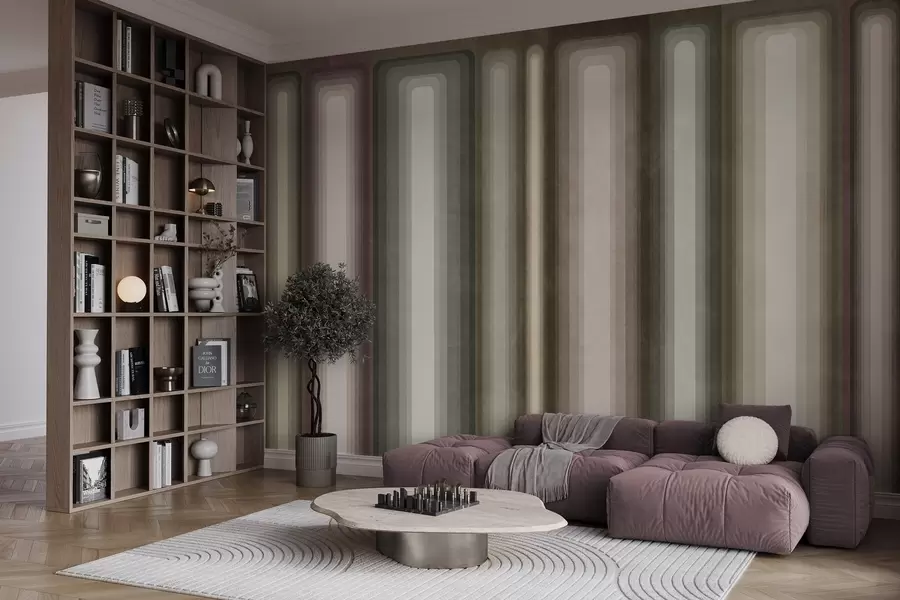 Fototapete Strukturierte, abstrakte, vertikal angeordnete, abgerundete Rechtecke in gedämpften Braun-, Beige- und Hellrosa-Tönen w09905