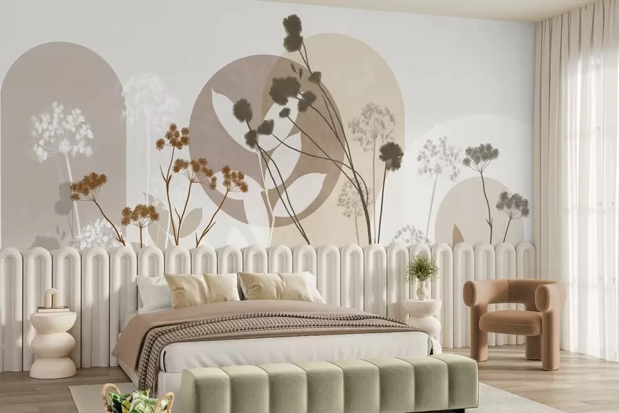 Fototapete Botanische und minimalistische Komposition aus getrockneten Blumen und Blättern mit abstrakten geometrischen Formen w09906