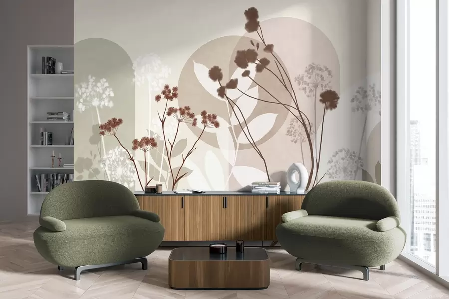 Fototapete Botanische und minimalistische Komposition aus getrockneten Blumen und Blättern mit abstrakten geometrischen Formen w09906v1