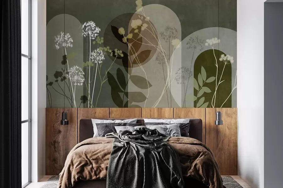 Fototapete Botanische und minimalistische Komposition aus getrockneten Blumen und Blättern mit abstrakten geometrischen Formen w09906v2