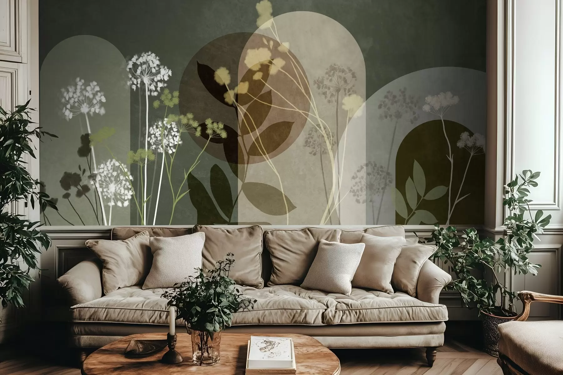 Fototapete Botanische und minimalistische Komposition aus getrockneten Blumen und Blättern mit abstrakten geometrischen Formen w09906v2
