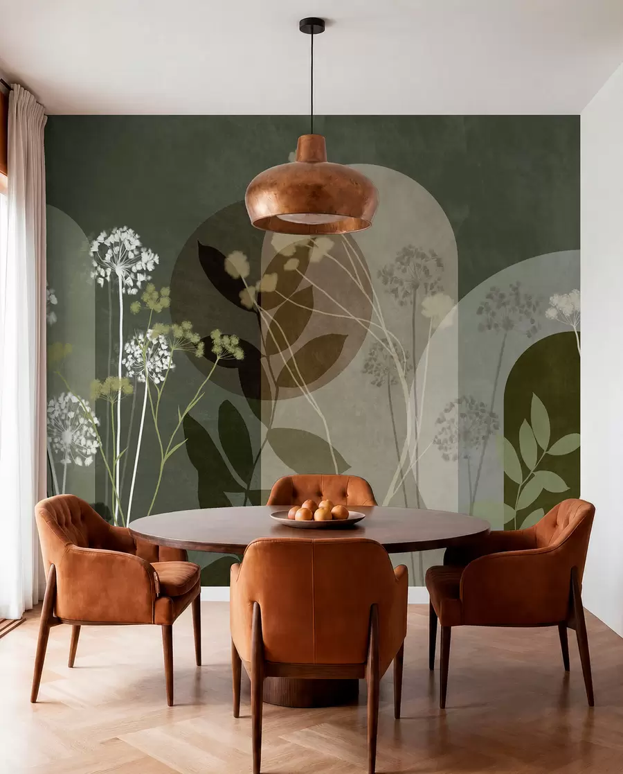 Fototapete Botanische und minimalistische Komposition aus getrockneten Blumen und Blättern mit abstrakten geometrischen Formen w09906v2
