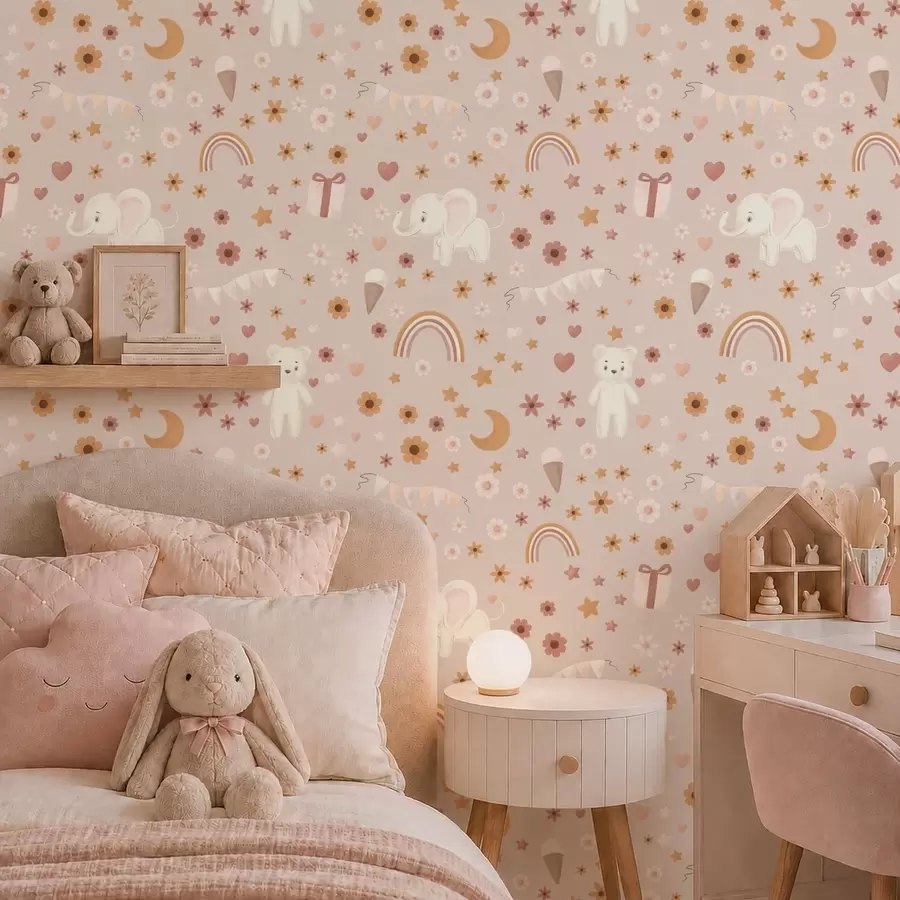 Fototapete Kindermuster mit Elefant, Regenbogen und Blumen a00433