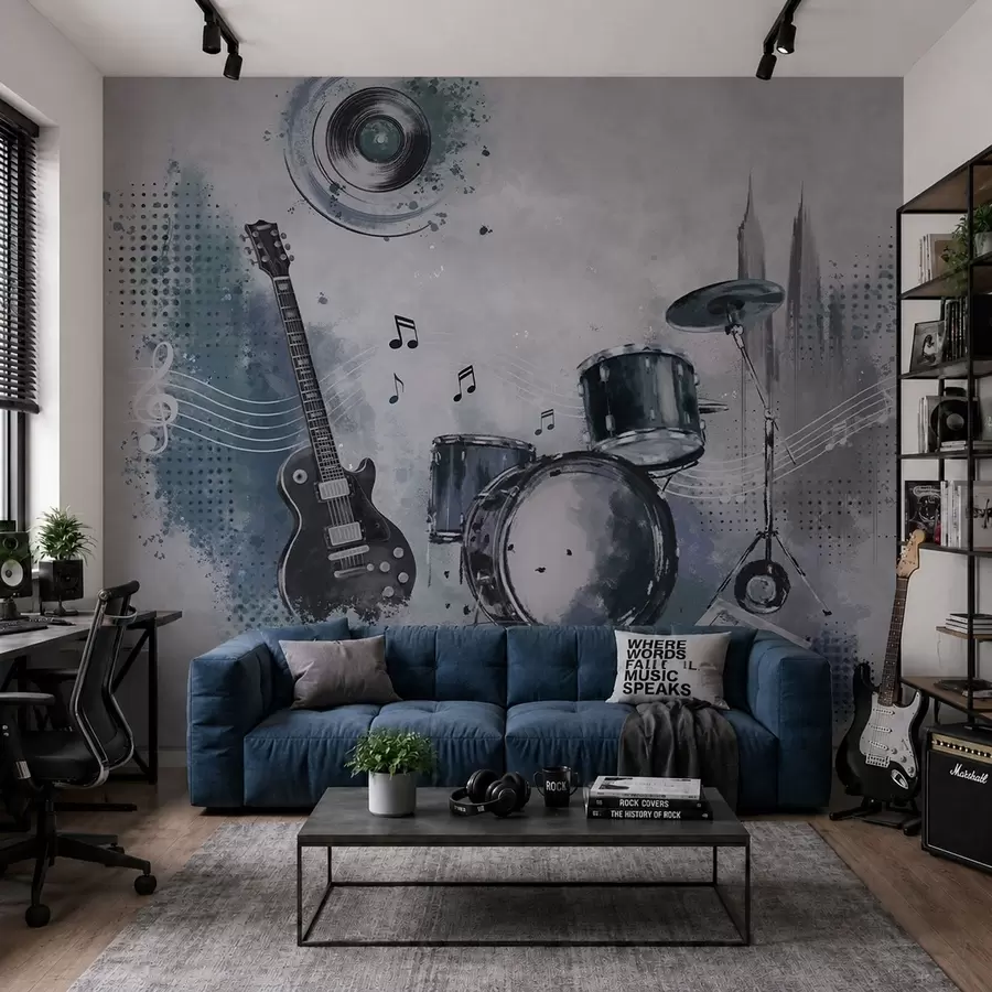 Fototapete Gitarre und Schlagzeug mit Noten w05546