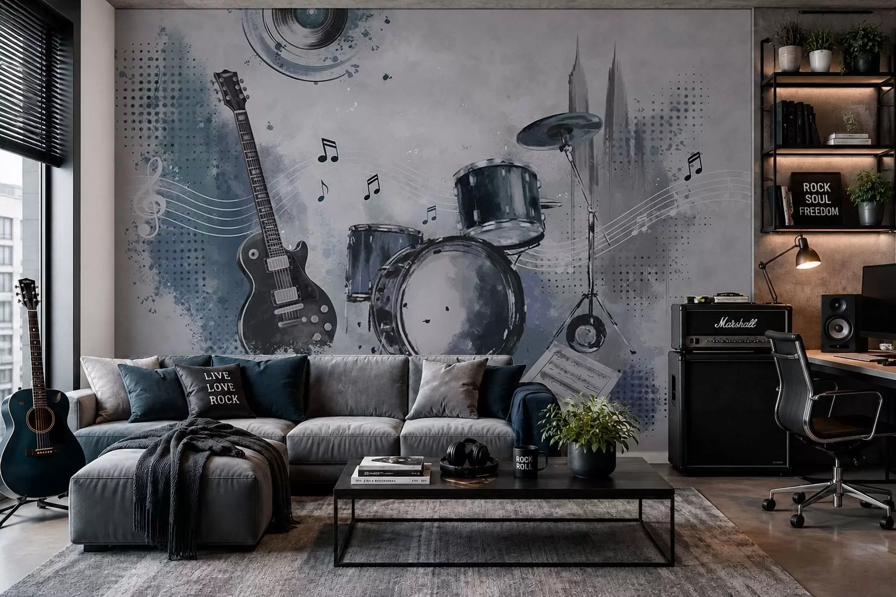 Fototapete Gitarre und Schlagzeug mit Noten w05546