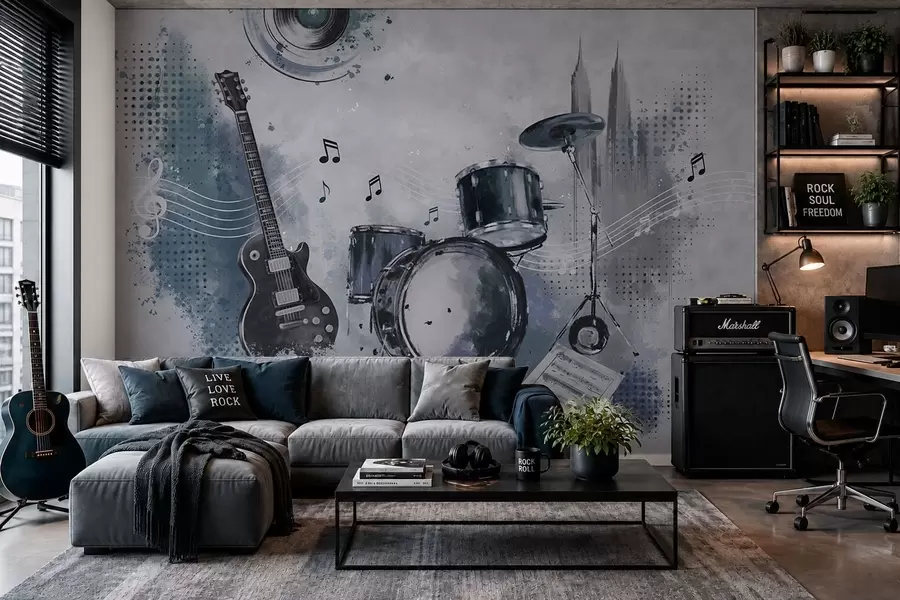Fototapete Gitarre und Schlagzeug mit Noten w05546