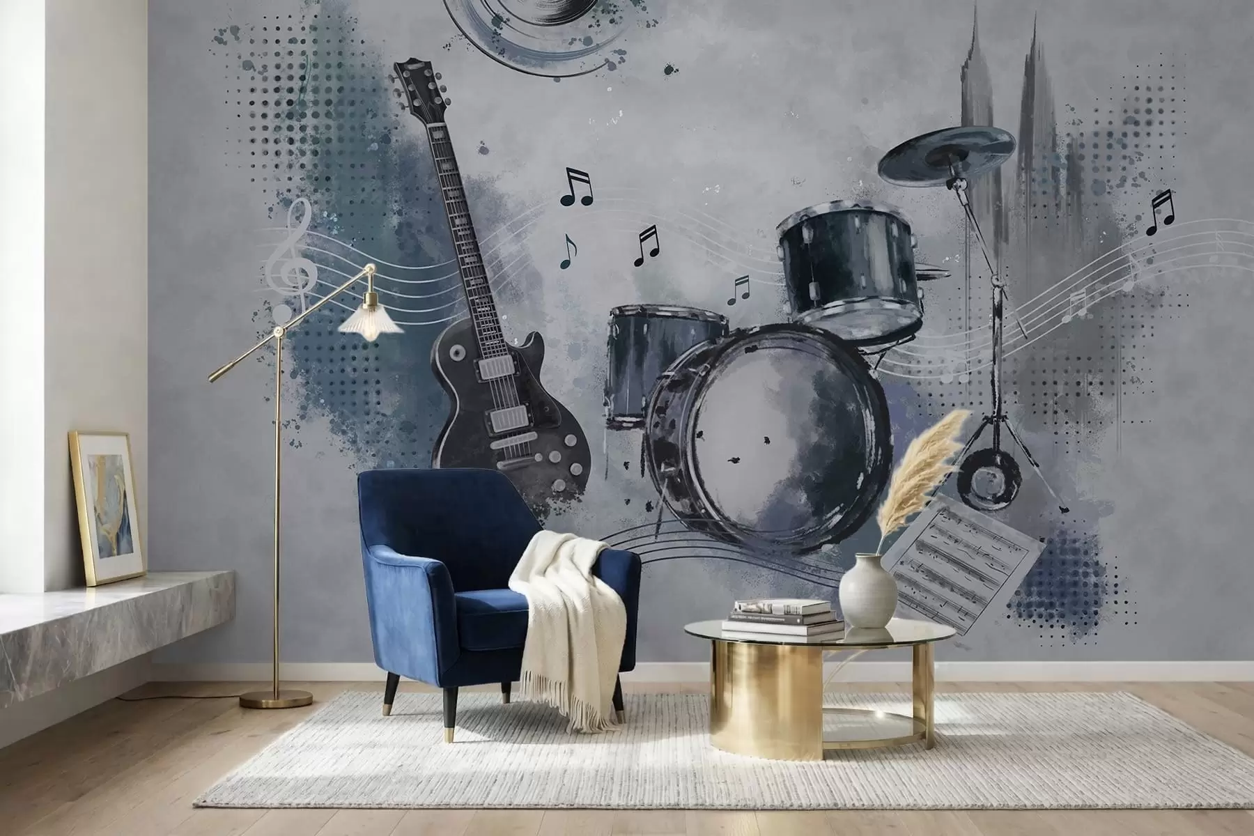 Fototapete Gitarre und Schlagzeug mit Noten w05546