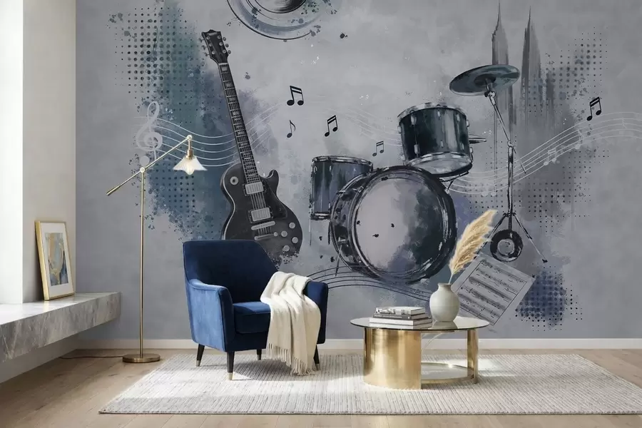 Fototapete Gitarre und Schlagzeug mit Noten w05546