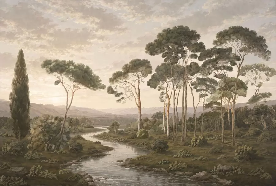 Fototapete Landschaft mit Fluss, Bäumen und fernen Hügeln w05696