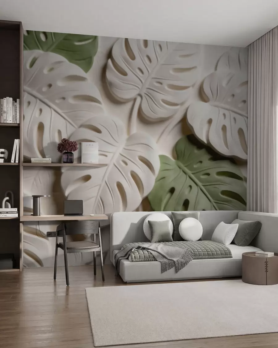 Fototapete Geprägte Monstera-Blätter in Creme- und Grüntönen w09883