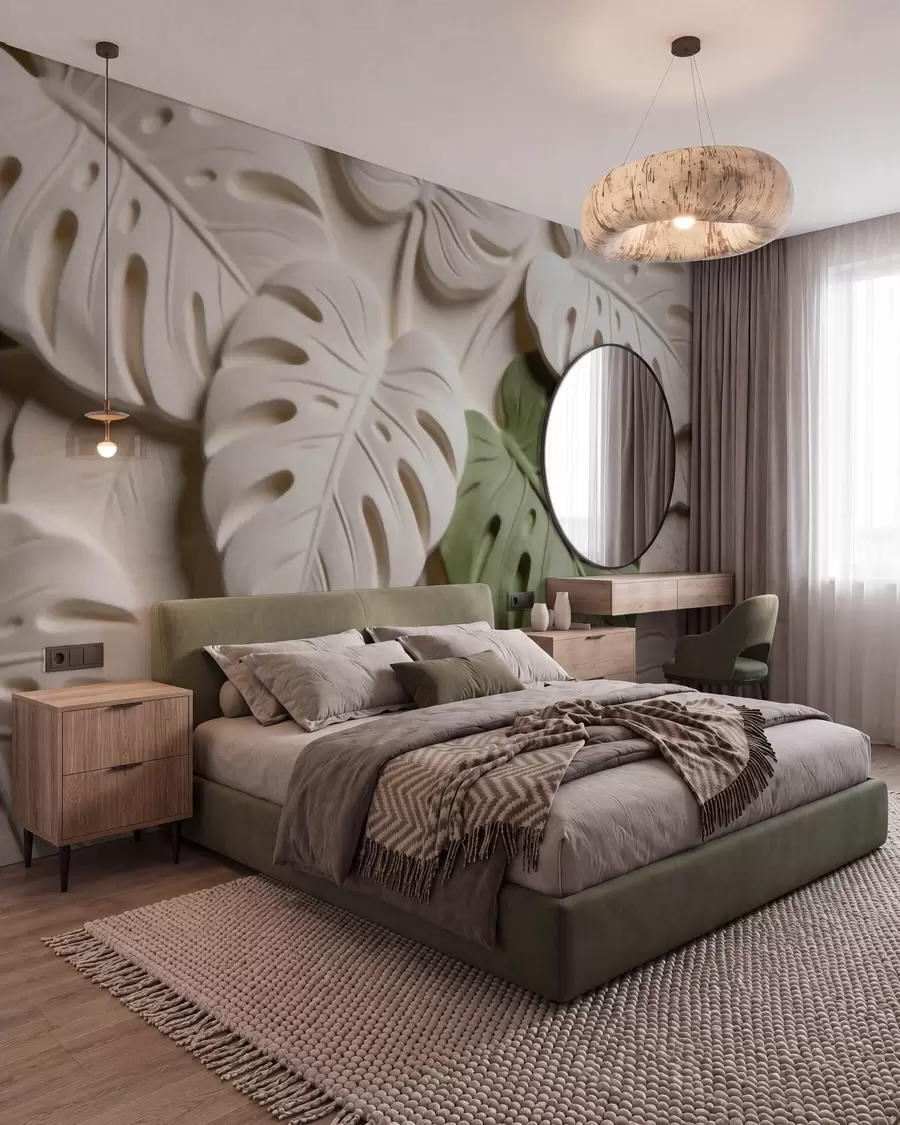 Fototapete Geprägte Monstera-Blätter in Creme- und Grüntönen w09883