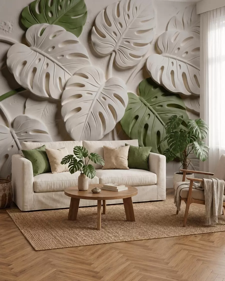Fototapete Geprägte Monstera-Blätter in Creme- und Grüntönen w09883