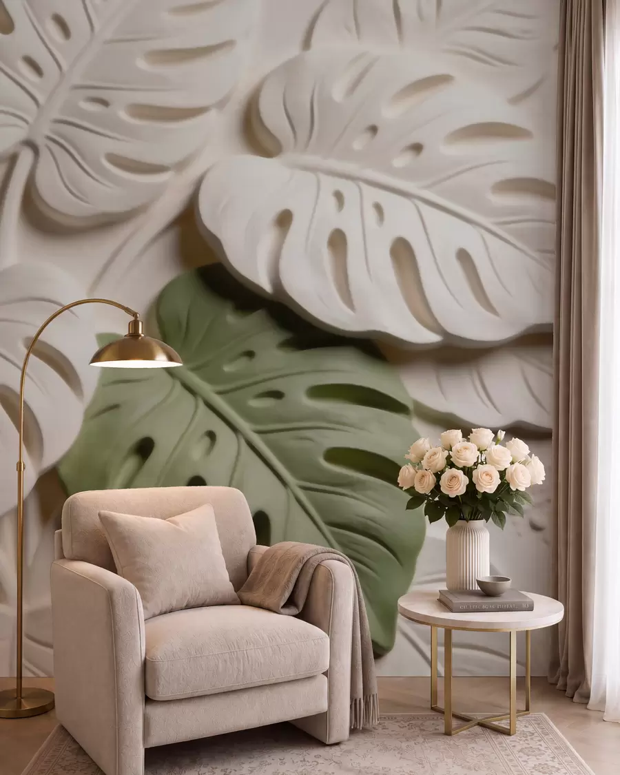 Fototapete Geprägte Monstera-Blätter in Creme- und Grüntönen w09883