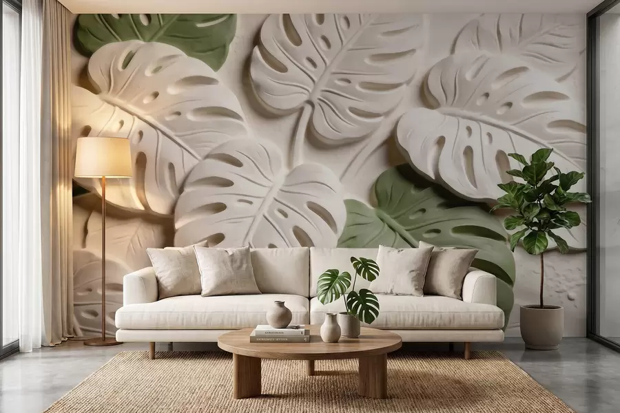 Fototapete Geprägte Monstera-Blätter in Creme- und Grüntönen w09883