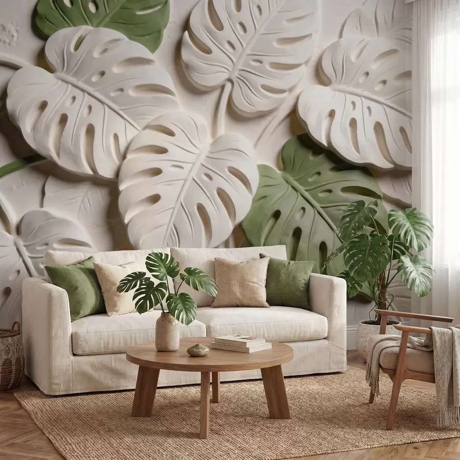 Fototapete Geprägte Monstera-Blätter in Creme- und Grüntönen w09883