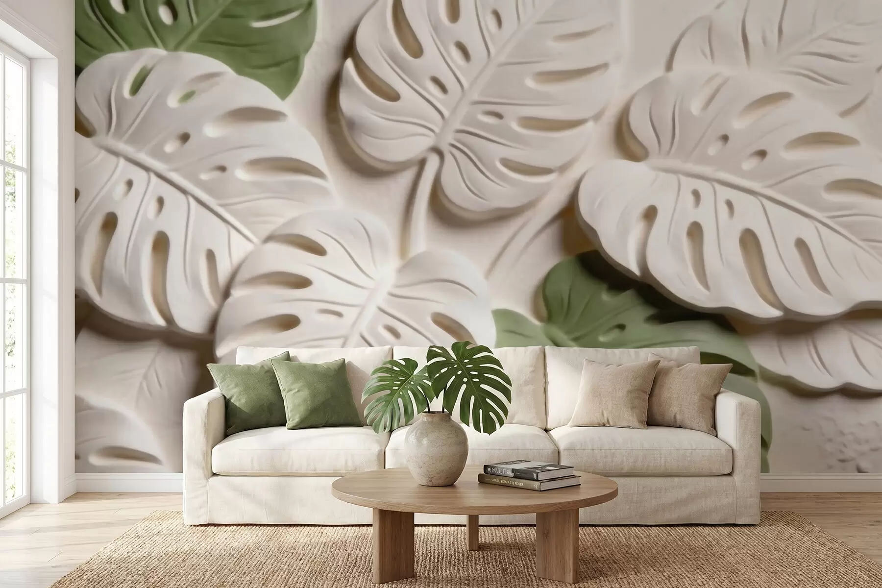 Fototapete Geprägte Monstera-Blätter in Creme- und Grüntönen w09883