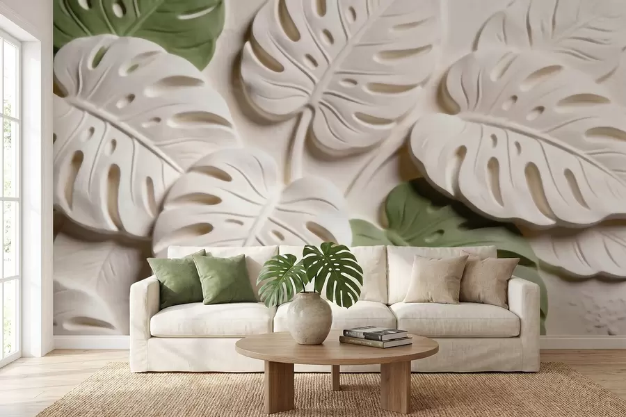 Fototapete Geprägte Monstera-Blätter in Creme- und Grüntönen w09883