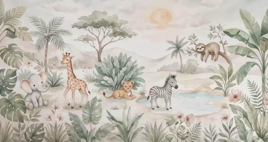 Fototapete Aquarellbild einer Safari-Szene mit Tieren in zarten Pastelltönen, darunter eine Giraffe, ein Elefantenbaby, ein Zebra und ein Löwenjunges w09888