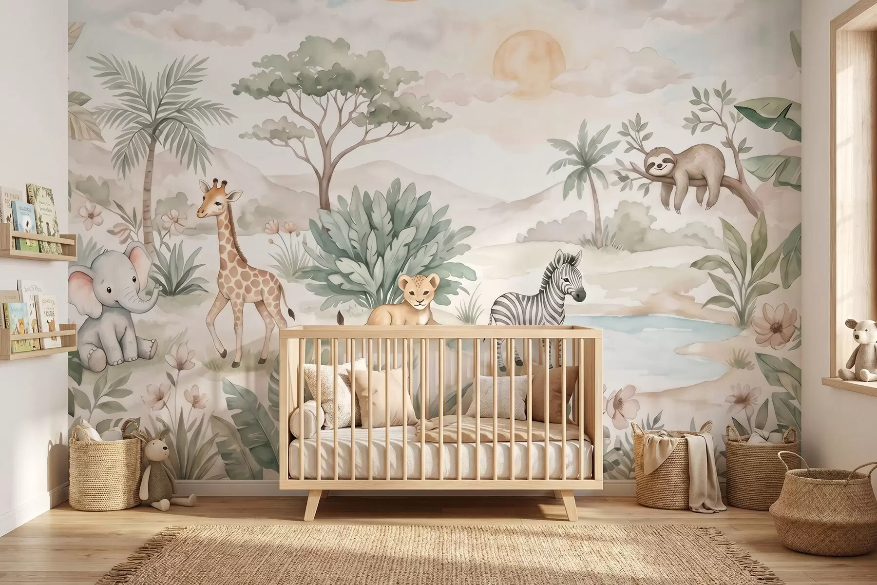 Fototapete Aquarellbild einer Safari-Szene mit Tieren in zarten Pastelltönen, darunter eine Giraffe, ein Elefantenbaby, ein Zebra und ein Löwenjunges w09888
