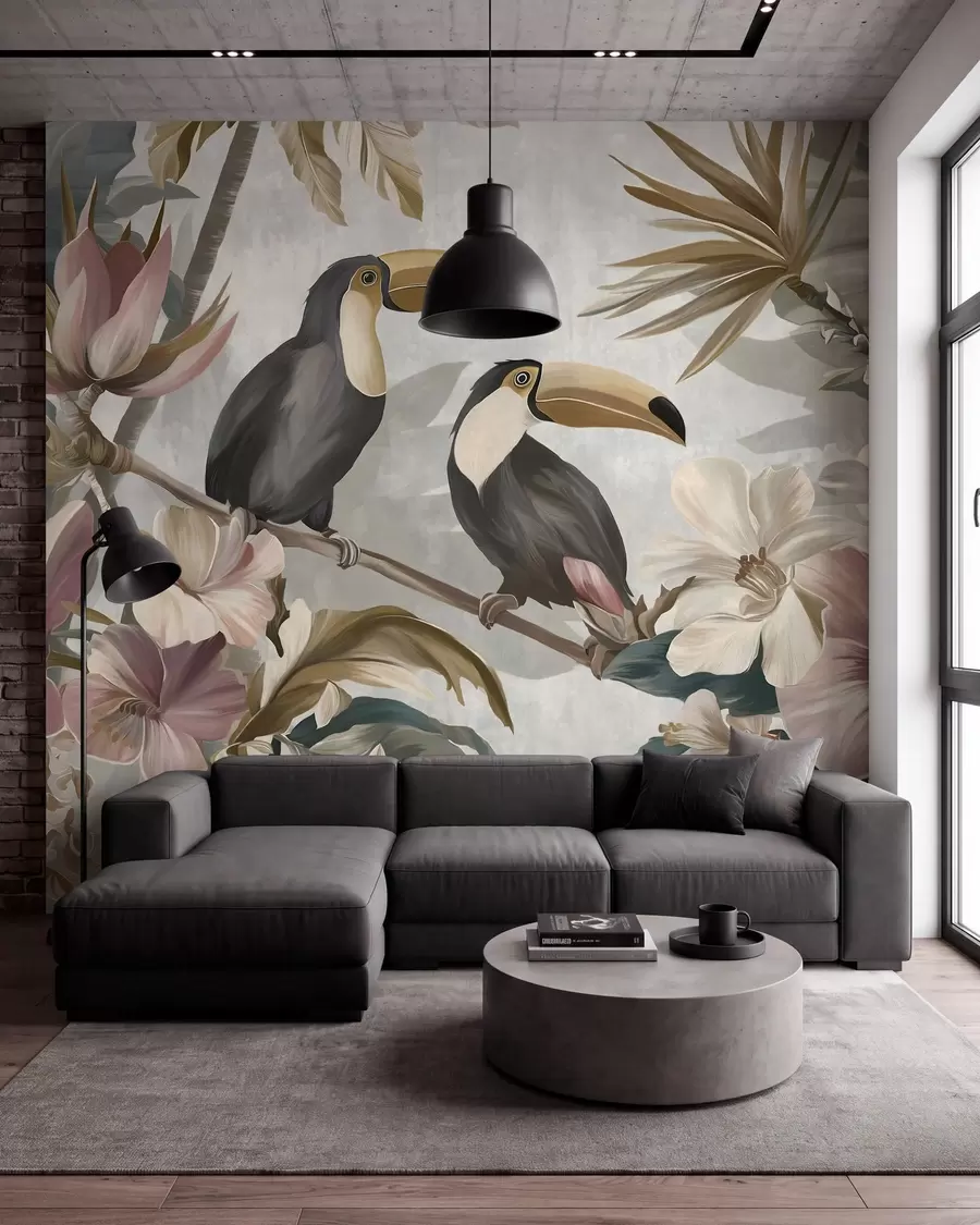 Fototapete ein Toucan-Paar inmitten tropischer Blumen und Blätter w05657