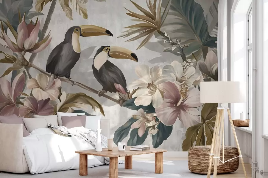 Fototapete ein Toucan-Paar inmitten tropischer Blumen und Blätter w05657